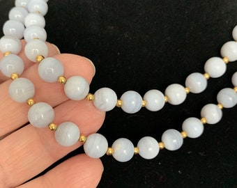 Sale, Blue Lace Agate Necklace, gold tone Beads, 10mm, Vintage, collectible