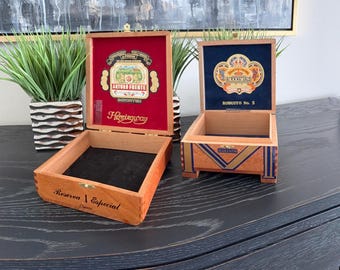 2 Authentic Wooden Cigar Boxes, separate, Robusto and Hemingway,  Collectible, Trinket box, jewelry box, gift for man, Dominican Republic