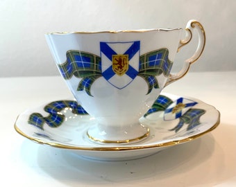 One Vintage Adderley China Teacup and saucer set, Scottish tartan series, Nova Scotia Tartan, Bone China, Porcelain, blue, green