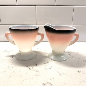 Vintage Hazel Atlas Pink and black Footed Sugar and Creamer,  dish, serveware, mid century, 1940s-1950s