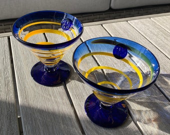 1 Kosta Boda Martini or Margarita glass made for Royal Caribbean, barware, handmade, gift for couple, blue and yellow glass, tropical