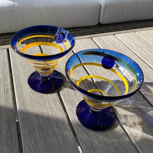 1 Kosta Boda Martini or Margarita glass made for Royal Caribbean, barware, handmade, gift for couple, blue and yellow glass, tropical