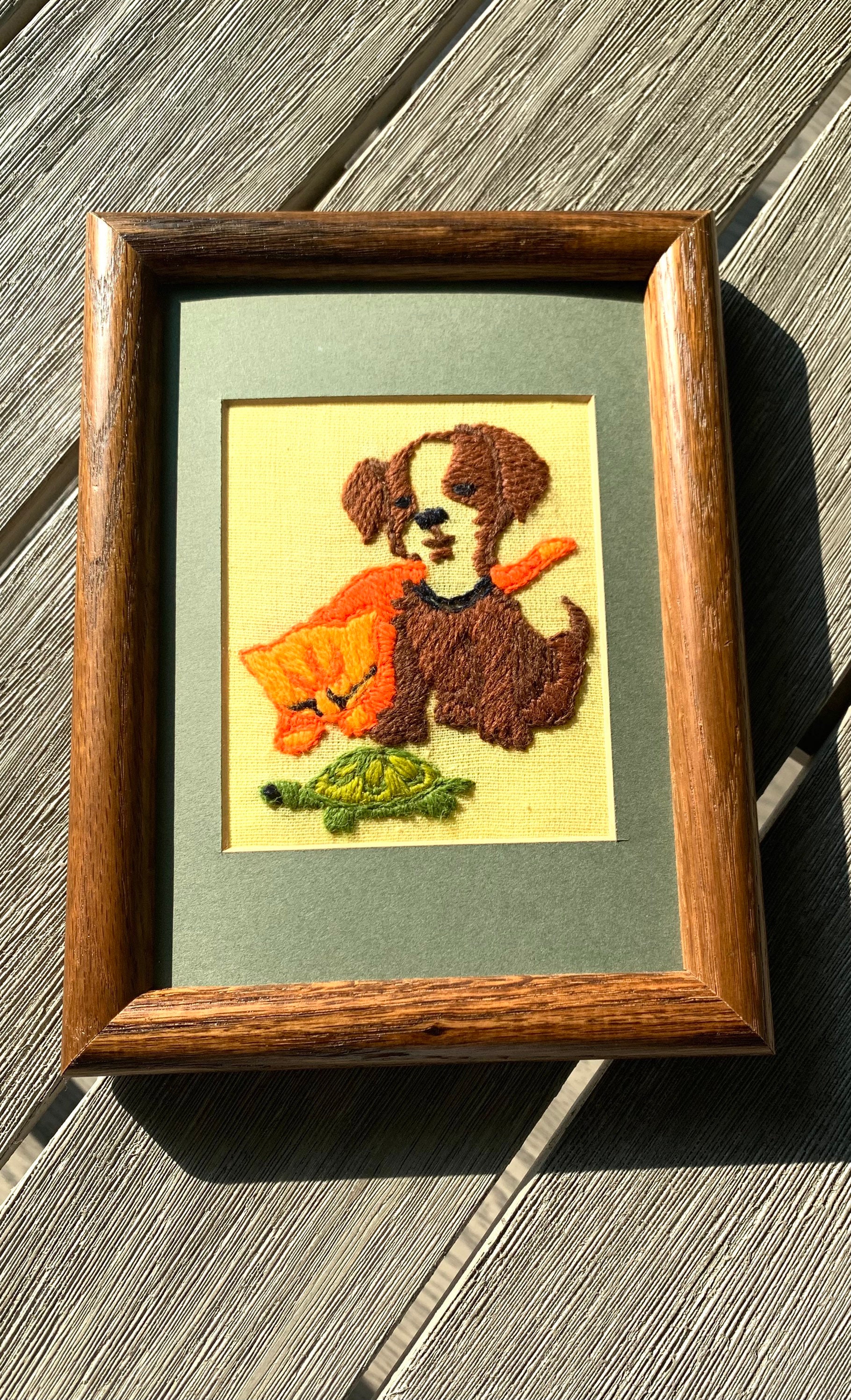 1980’s crewelwork embroidery, puppy, cat, and turtle, retro, vintage, sewing, framed art, collectible art, child’s room