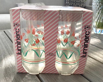 4 Luminarc Dutch Tulip Glasses, tumblers, iced tea glasses, bar ware, retro, elegant dining, glassware, wedding gift