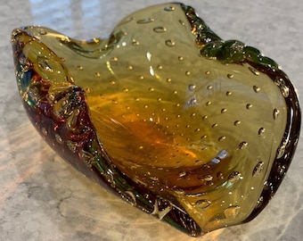 Murano controlled bubble bowl or dish, Amber glass, green accents, hand blown, Italian art glass, collectible,decorative bowl, Italian glass