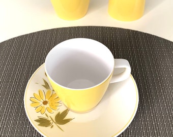 6 Rare Mikasa Cera Stone cups and saucers,  Sunland pattern, yellow, green, brown, serveware, mid century, farmhouse, mid century