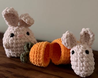 Crocheted Bunny with Carrot Nesting Toy, Handmade Plush Amigurumi Rabbit