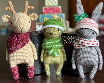 Christmas Critters! Handmade crochet Christmas Reindeer Cat and Bunny