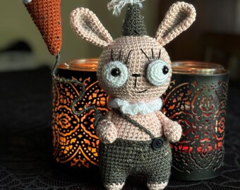 Creepy Bunny with Carrot Balloon! Handmade crochet Halloween Bunny