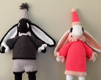 Glorious Crochet Bunnies! Large, light and dark. Circus party clown
