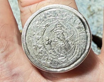 Silver Coin Ring – 1922 Half Crown Mount, Ethelred Facsimile, Sugar Tongs Band