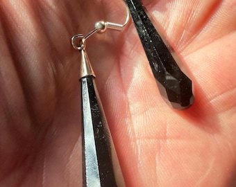 Black Glass Drop Earrings | Sterling Silver Hooks | 5cm Long | Fully Restored