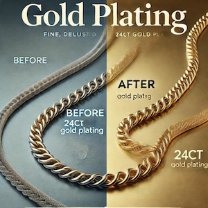 Puede incluir: Comparación visual del dorado. A la izquierda, una cadena gris opaca etiquetada como "ANTES", y a la derecha, una cadena dorada brillante etiquetada como "DESPUÉS". El texto incluye "Gold Plating" y "24CT gold plating".