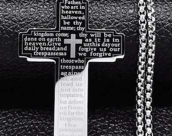Unisex. Bold Lord’s Prayer Cross Necklace Stainless Steel Pendant With Chain Christian Jewellery Gift