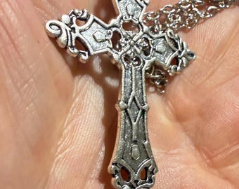 Ornate Cross Pendant Necklace | Silver-Tone Metal | Gothic Style | Chain Included