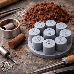 Op de afbeelding: Een verzameling gereedschappen en materialen voor het maken van sieraden. De afbeelding toont een grijze cilindervormige gewichtenset met letters en cijfers, een hoop bruin poeder en diverse metalen gereedschappen en kleine zilveren kralen.