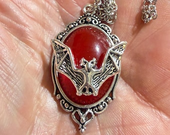 Gothic Bat Cameo Pendant Necklace | Red Cabochon | Silver-Tone Metal | Vampire Style | Chain Included