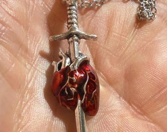 Skull Dagger Heart Pendant Necklace | Silver-Tone Metal | Red Heart Detail | Goth Style Statement Necklace