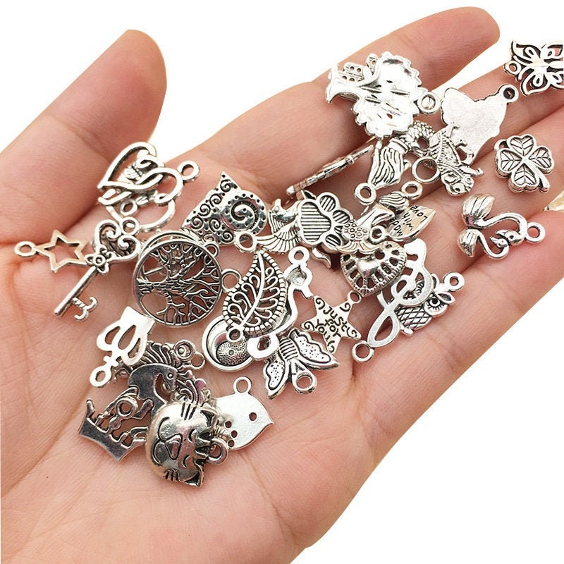 100pcs charm collection Mixed Random Free Styles Silver Charm Etsy