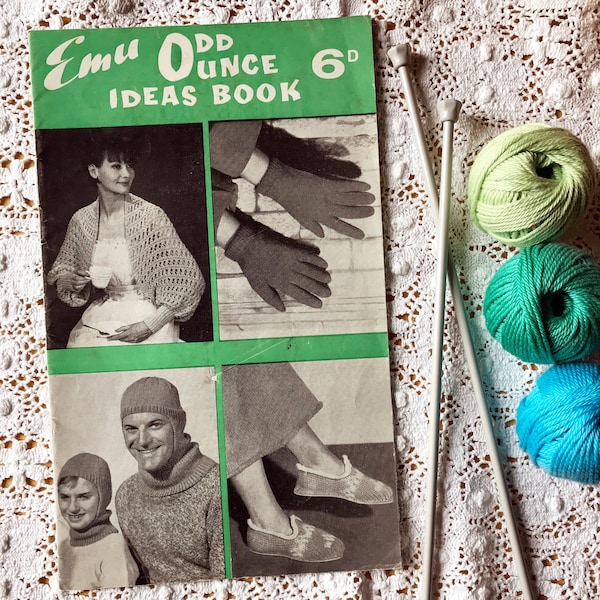 Emu Odd Ounce Ideas Book * Vintage Knitting Pattern Booklet * Hats * Gloves * Dog Coat * Golf Club Mitts * Baby Shoes * Tea Cosy * Knit It