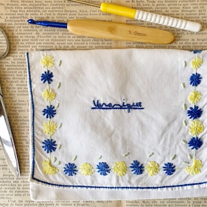 Vintage französische Porte Serviette * Bestickter Baumwollbeutel * Veronique * Blumen * Wiederverwendung * Für Fäden/Nadeln/Haken/Stifte/Bleistifte