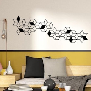 Arte geométrico en metal, decoración de pared abstracta de gran tamaño, decoración de pared para sala de estar, juego de arte de pared de metal