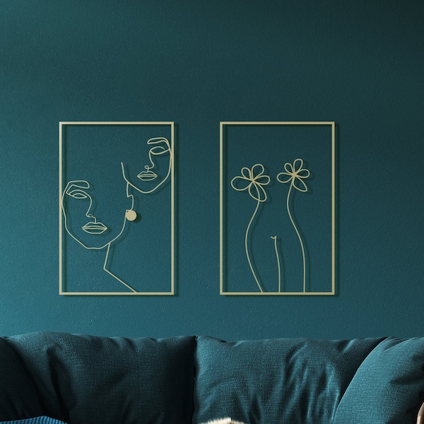 Female Line Art Set, Minimalist Metal Wall Art, Gold Metal Wall Art Set, Woman Line Art, Large Metal Wall Decor, Minimal Living Room Decor