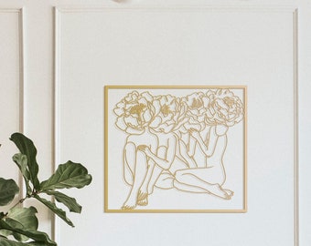 Gold Female Line Art: Women with Flowers Metal Wall Decor