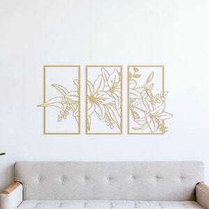 Lily Gold Wall Decor, X-Large Wall Art, Flower Wall Decor Set of 3, Above Bed Decor, Gold Modern Art, Unique Wall Art