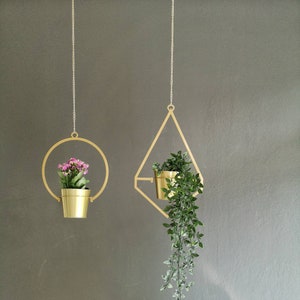 Gold Metal Planter Set, Geometric Hanging Planter, Mid-Century Pot Holder, Indoor Plant Hanger