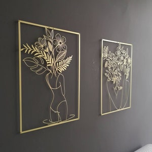 Gold Metal Wall Art Set, Framed Woman Body Art, Floral Woman Wall Decor, Living Room Wall Decor, Large Wall Decor Set, Above Bed Decor