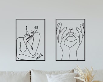 Modern Abstract Female Single Line Art, Large Metal Wall Decor, Hands on Faces, Minimal Living Room Decor, Unique Decor, Female Silhouette