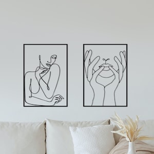 Modern Abstract Female Single Line Art, Large Metal Wall Decor, Hands on Faces, Minimal Living Room Decor, Unique Decor, Female Silhouette