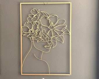 Gold Woman Silhouette Metal Wall Art: Floral Headpiece Decor