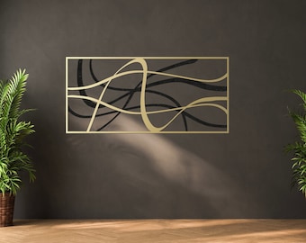 Large Abstract Metal Wall Art: Black and Gold Hotel Lobby Decor