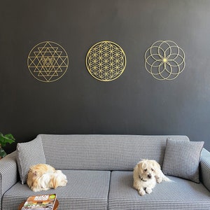Sacred Geometry Metal Wall Art Set, Flower of Life, Sri Yantra, Yoga Studio Decor