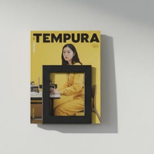 May include: Two magazines, each with the word "TEMPURA" on the cover, are mounted on a white wall. Each magazine is framed with a black rectangular frame. The top magazine has a yellow cover, and the bottom magazine has a blue cover.