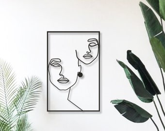 Two Face Line Wall Art, Valentines Gift For Her, Line Art Wall Decor, Single Line Woman Face Wall Hanging, Female Wall Art