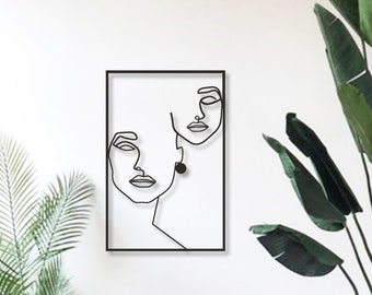 Two Face Line Wandkunst, Valentinstag Geschenk für Sie, Line Art Wanddekoration, Single Line Frau Gesicht Wandbehang, Weibliche Wandkunst