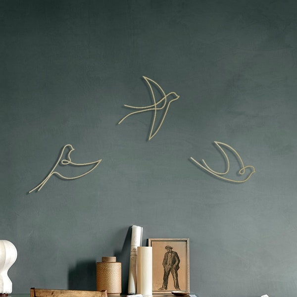 Gold Birds Wall Art Set, Gold Wall Decor, Single Line Metal Sign, Minimal Wall Hang Set, Modern Home Gift