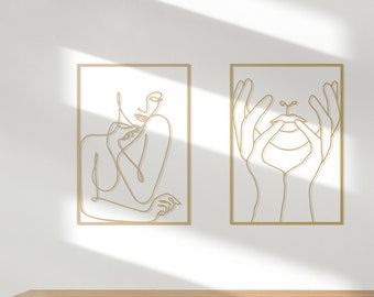 Set di decorazioni da parete in metallo con linea femminile dorata: scultura minimalista moderna