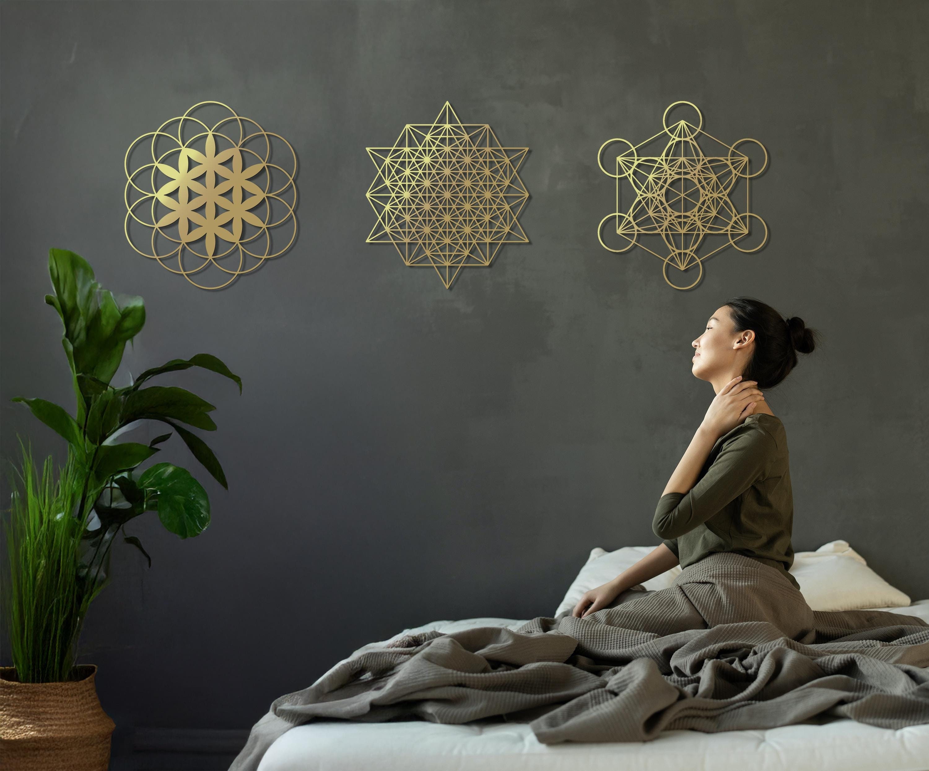 Sacred Geometry Metal Set, Metatrons Cube, Tetrahedron, Yoga Studio Decor, Gold Metal Wall Art, Metal Art Set of 3