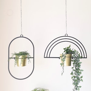 Rainbow Metal Hanging Planter, Minimal Plant Hanger, Mid-Century Metal Planter, Unique Plant Holder Set image 1