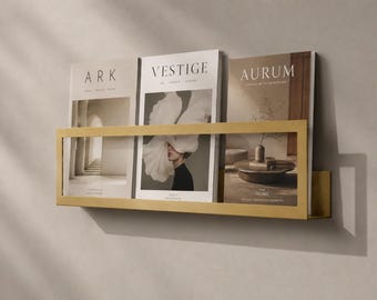 An der Wand befestigter minimaler goldener Zeitungsständer - Metall-Bücherregal, Vinyl-Regal