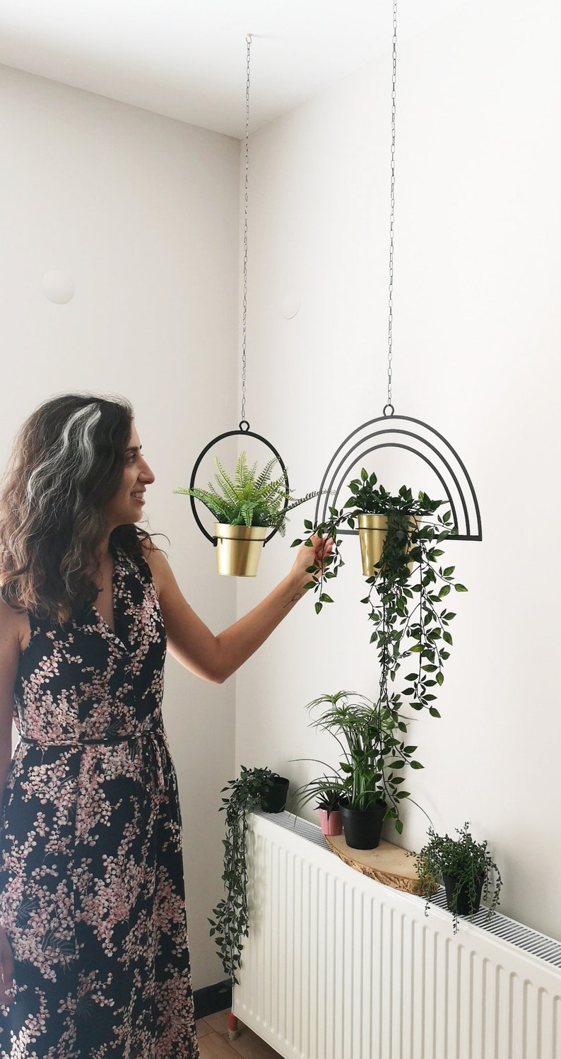 Rainbow Metal Hanging Planter, Minimal Plant Hanger, Mid-Century Metal Planter, Unique Plant Holder Set image 4