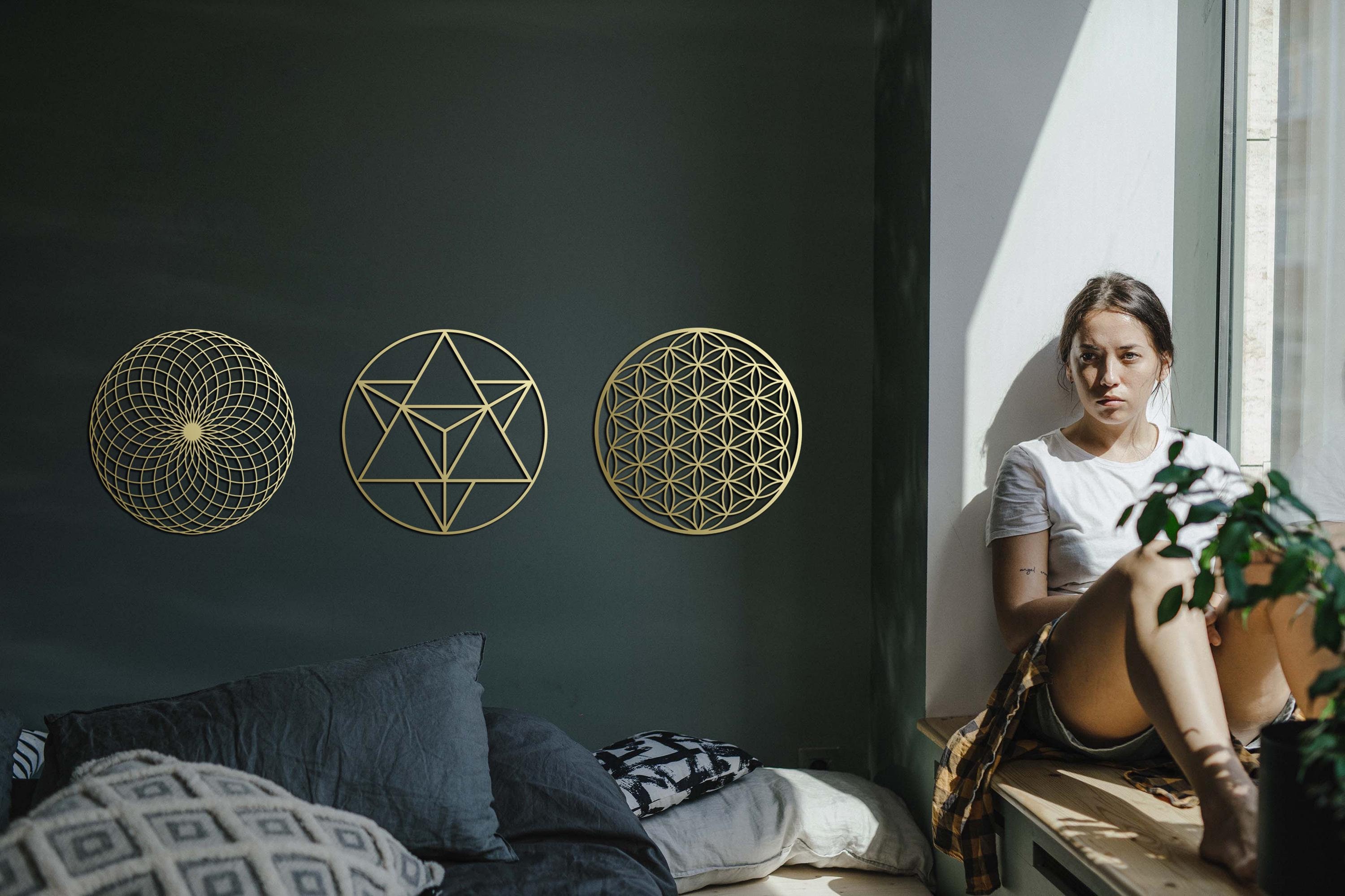 Sacred Geometry Metal Wall Art Set, Gold Flower of Life, Merkaba, Yoga Studio Decor
