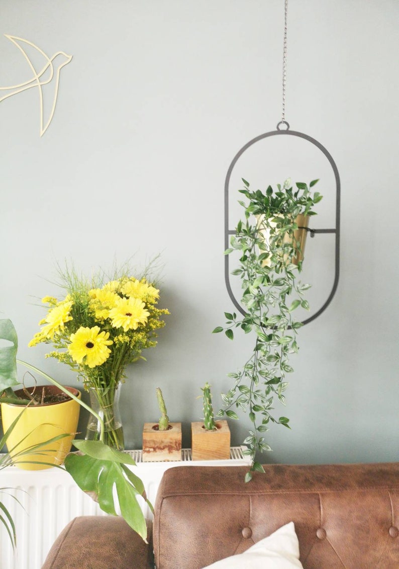 Rainbow Metal Hanging Planter, Minimal Plant Hanger, Mid-Century Metal Planter, Unique Plant Holder Set image 3