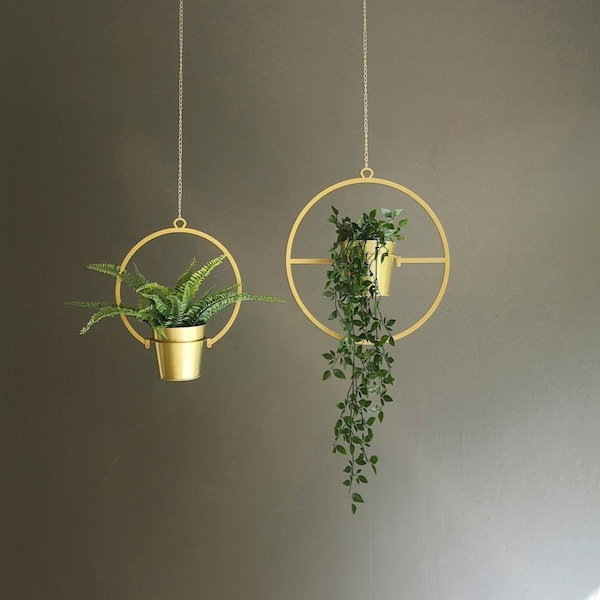 Gold Plant Hanger Set, Gold Indoor Circular Planter, Metal Home Decor, Scandinavian Decor, House Warming Gift, Boho plant holder