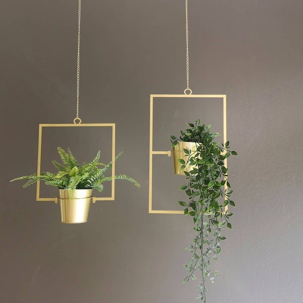 Gold Indoor Hanging Planter Set, Square Plant Hanger, Mid-Century Planter, Living Room Decor, Modern Gift