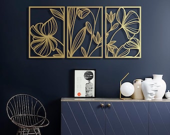 Gold Poppy Metal Wall Decor: Modern Living Room Art, Set of 3